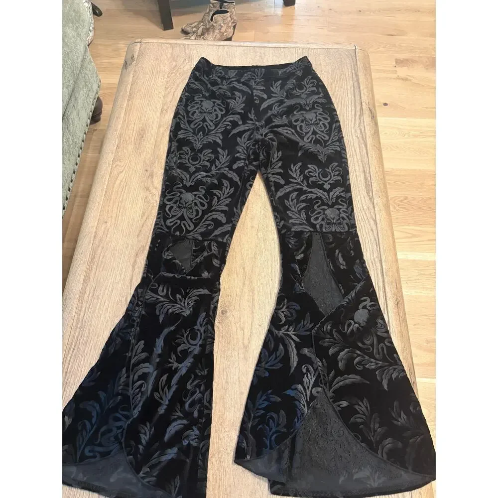 NWOT Womens Gothic Velvet Lace High Waist Flared Bell-bottoms Pants Trousers